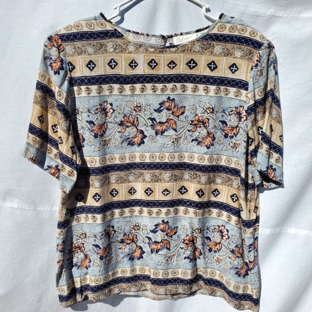 Vintage 1990s Y2K Women’s Floral Stripe Short-Sleeve Top - Blue & Tan